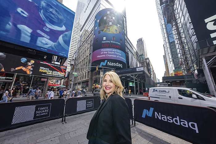 Liliam “Lily” López featured on NASDAQ screen in NY city’s Time Square